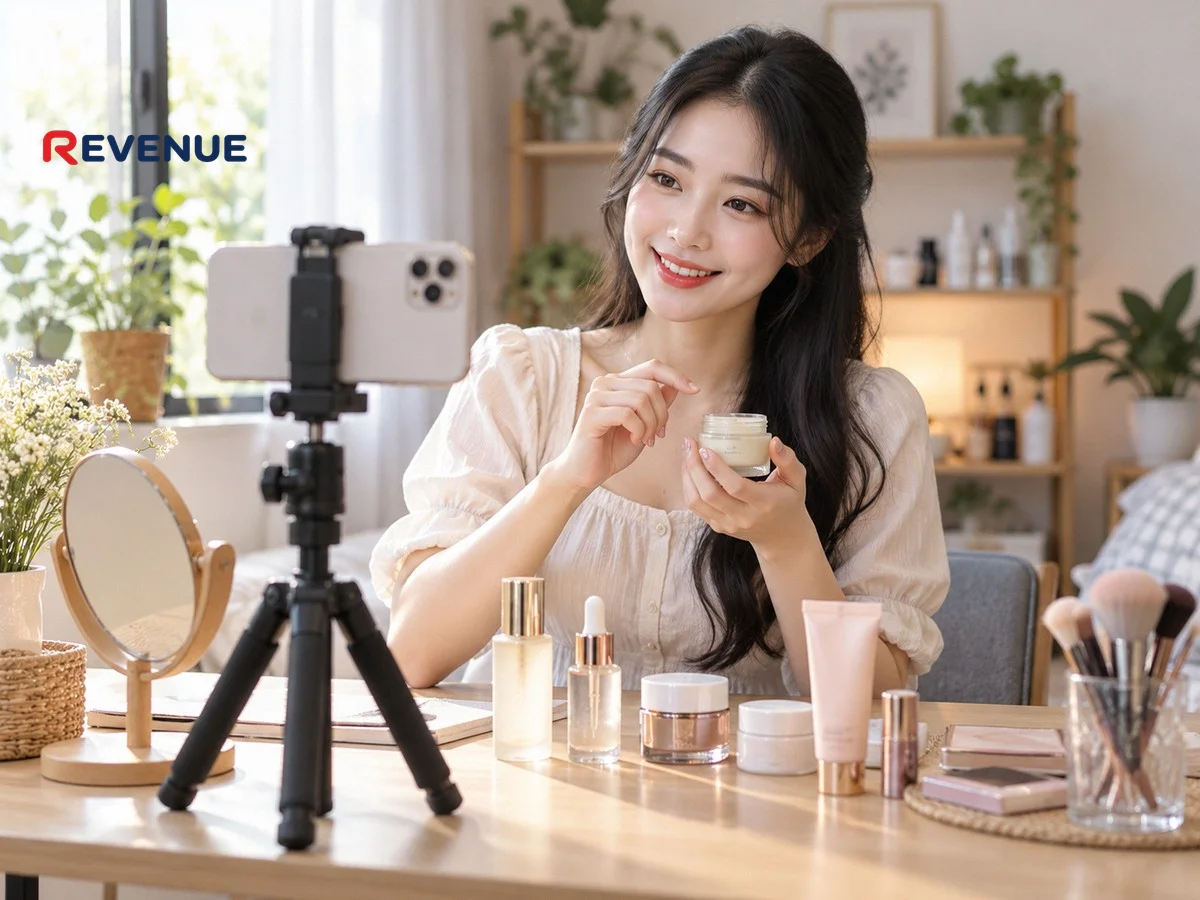 Cô gái Việt ngồi bàn nhỏ quay video bán mỹ phẩm bằng điện thoại