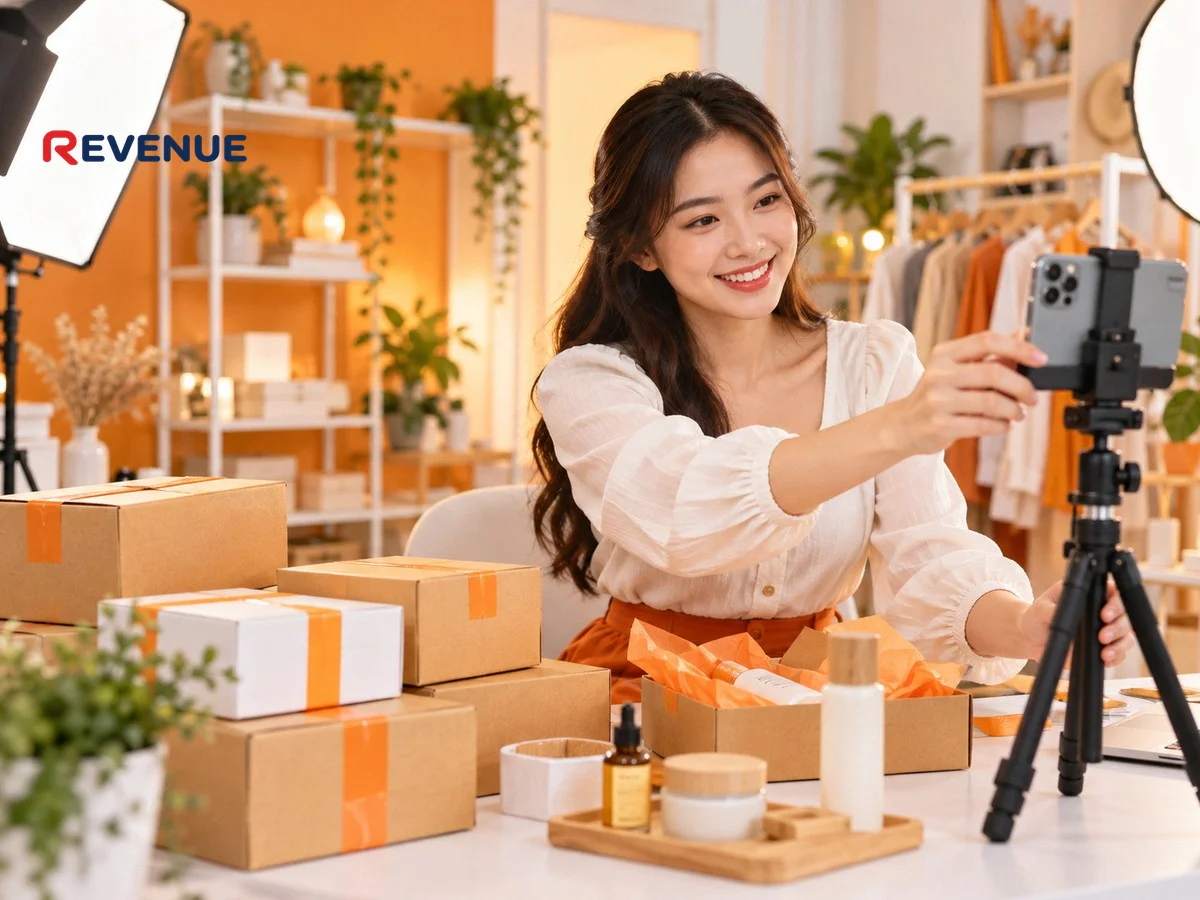 Cô gái trẻ cầm điện thoại quay video demo sản phẩm trên bàn khi booking KOC Shopee