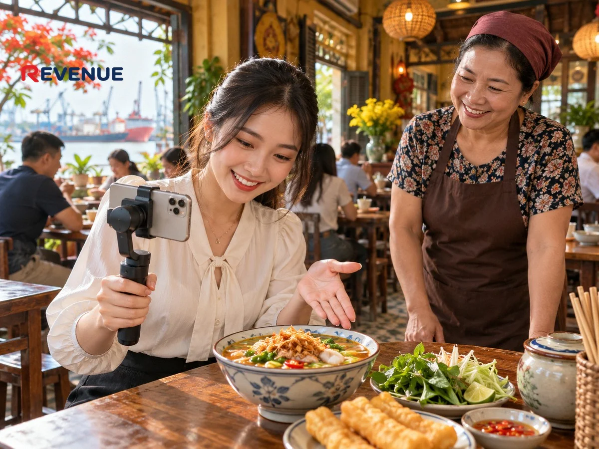 KOC Hải Phòng quay video món ăn tại quán ấm cúng, chủ quán đứng nhìn hài lòng
