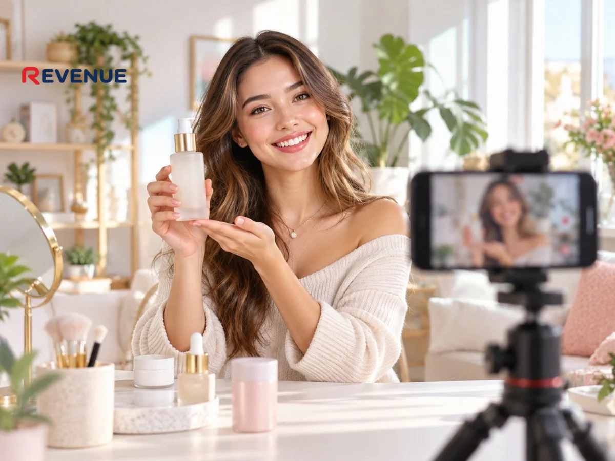 Cô gái trẻ quay video review sản phẩm trên điện thoại gắn tripod trong studio