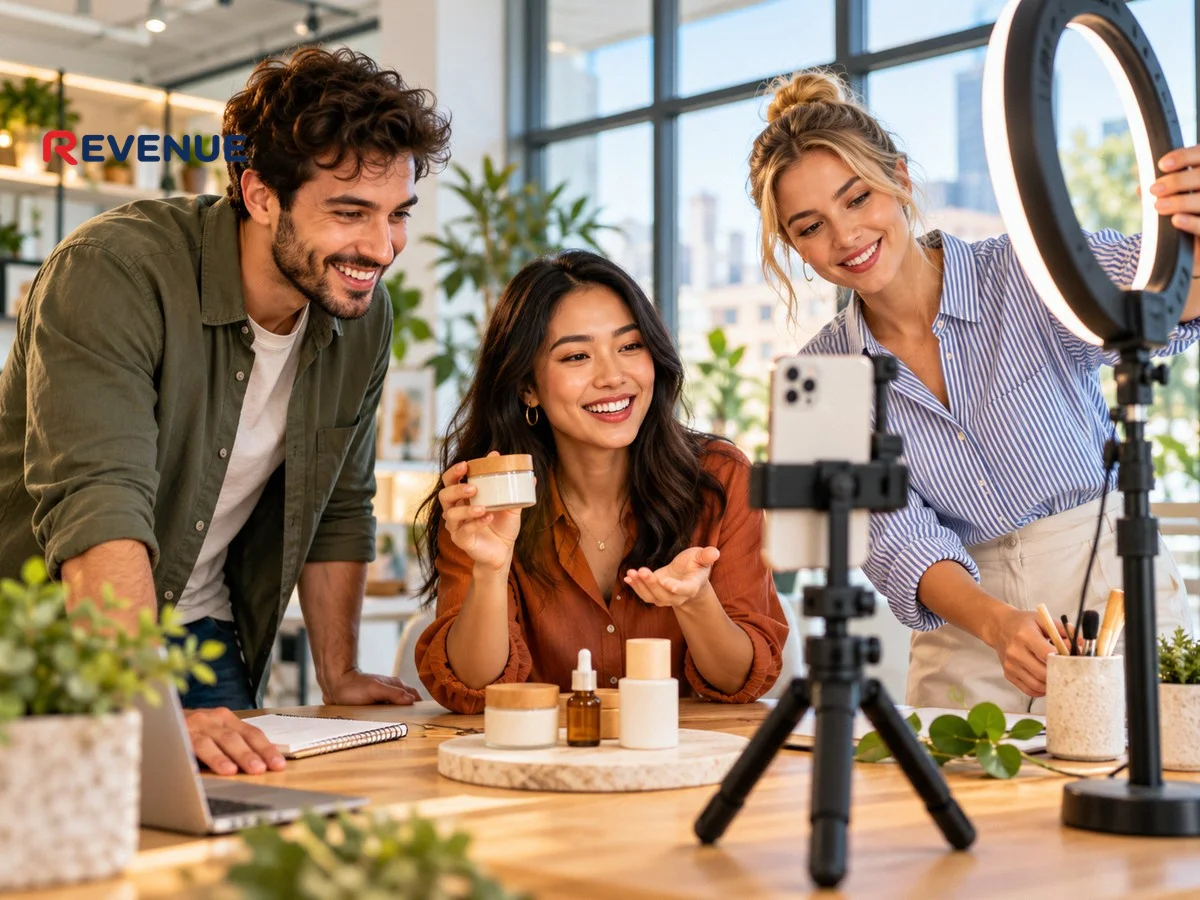 Nhóm ba người quay clip sản phẩm bằng điện thoại trong văn phòng sáng, hỗ trợ digital marketing TikTok