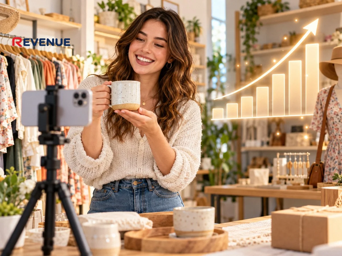 Chủ shop trẻ quay video sản phẩm bằng điện thoại, biểu đồ tăng view TikTok thật bên cạnh