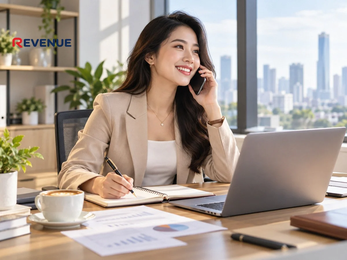 Nhân viên booking KOC trẻ ngồi tại bàn làm việc, cười tự tin khi gọi điện trong văn phòng hiện đại