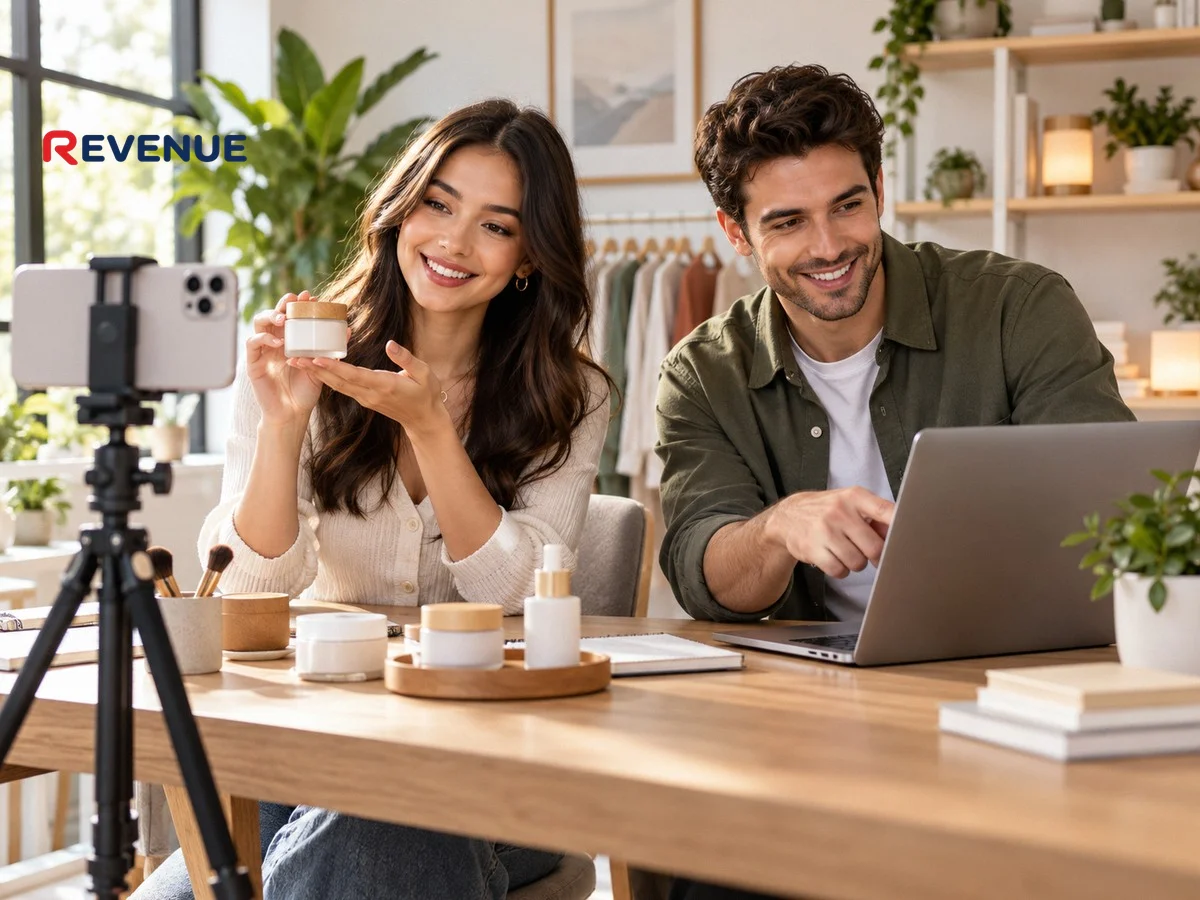 Cô gái quay video sản phẩm bằng điện thoại, chuyên viên tiếp thị chỉ vào màn hình laptop trong studio sáng