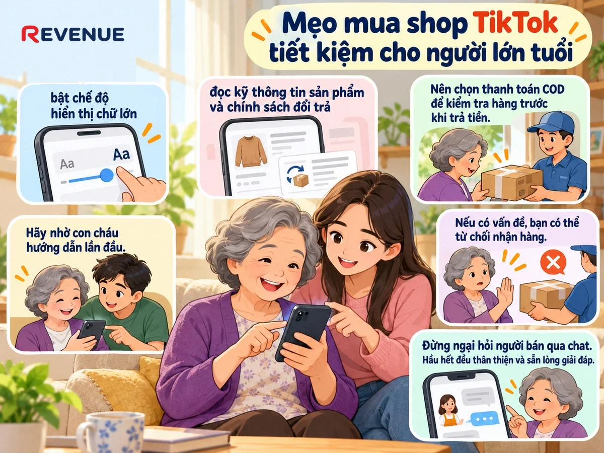 Mẹo mua shop TikTok tiết kiệm cho người lớn tuổi nhờ con cháu hướng dẫn lần đầu và bật chế độ hiển thị chữ lớn