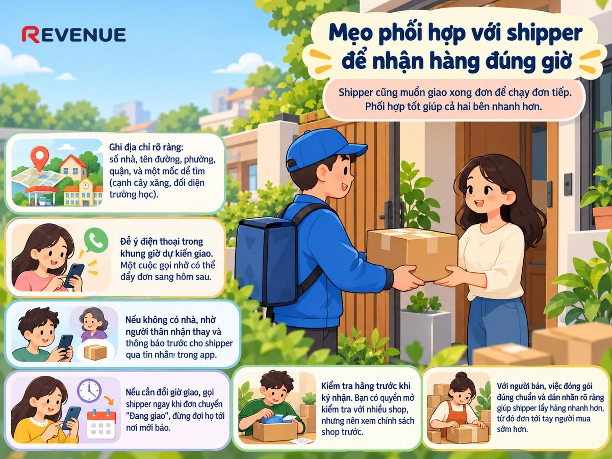Ghi địa chỉ rõ ràng và để ý điện thoại trong khung giờ giao: mẹo phối hợp với shipper để nhận hàng đúng giờ