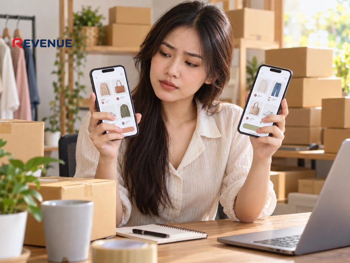 Cô gái trẻ so sánh hai điện thoại hiển thị ứng dụng mua sắm trên Shopee và TikTok Shop