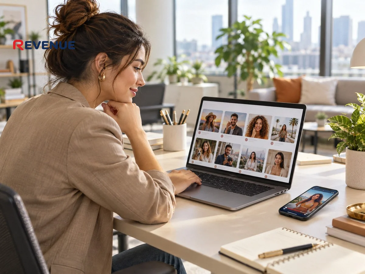Chuyên viên marketing xem hồ sơ KOL trên laptop tại văn phòng hiện đại
