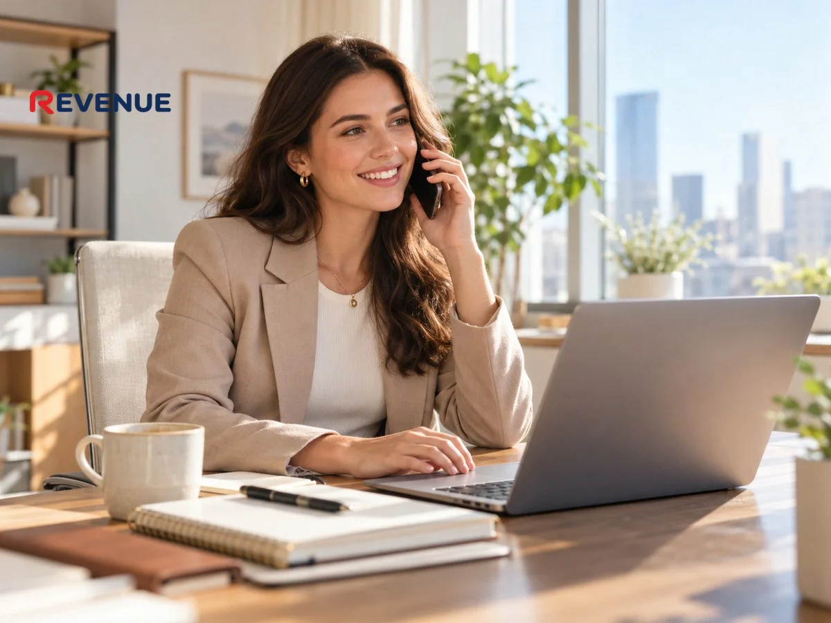 Nhân viên booking KOL KOC trẻ gọi điện và làm việc trên laptop trong văn phòng sáng