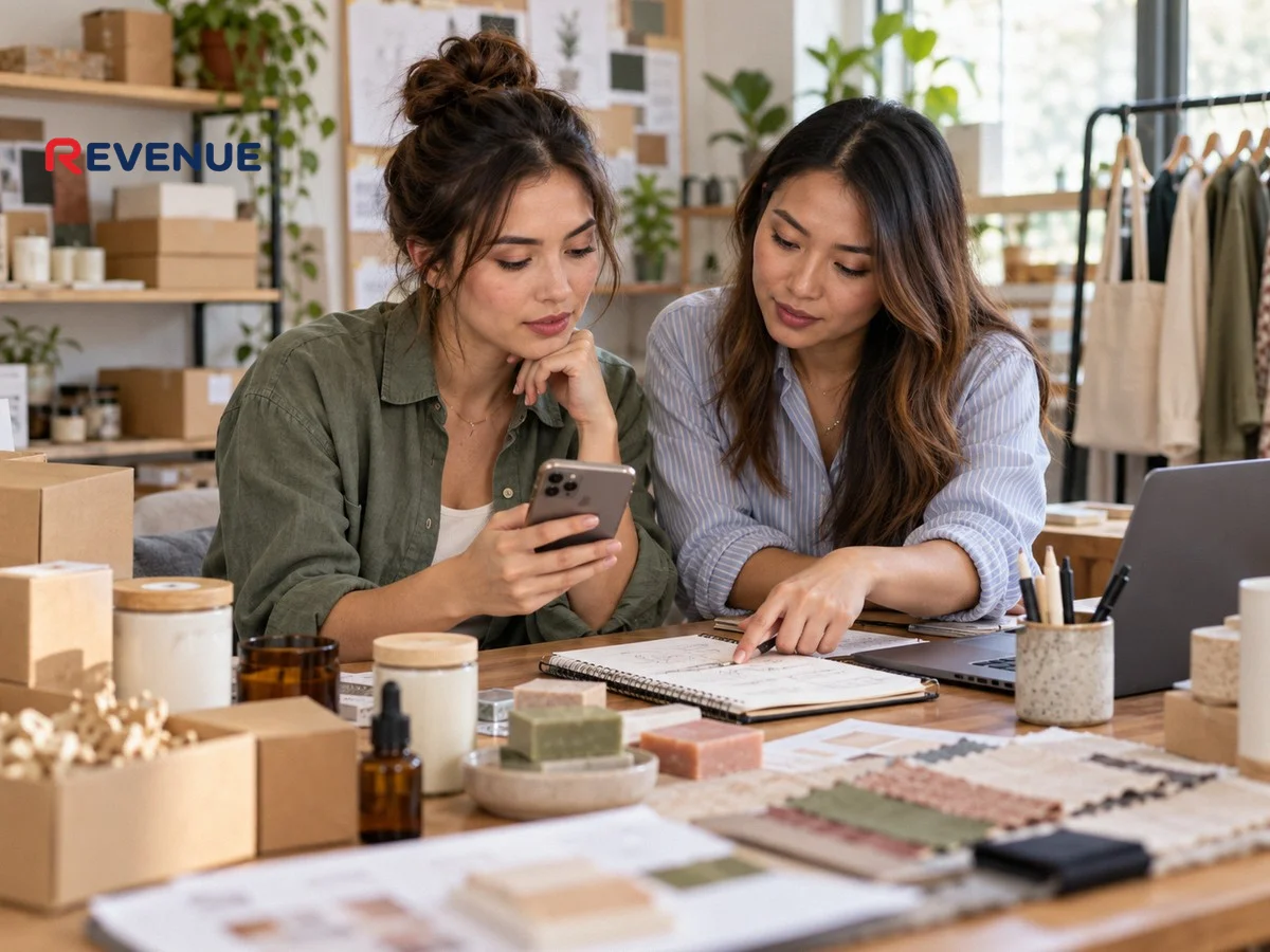 Chủ shop trẻ xem mẫu sản phẩm trên điện thoại cùng nhân viên marketing
