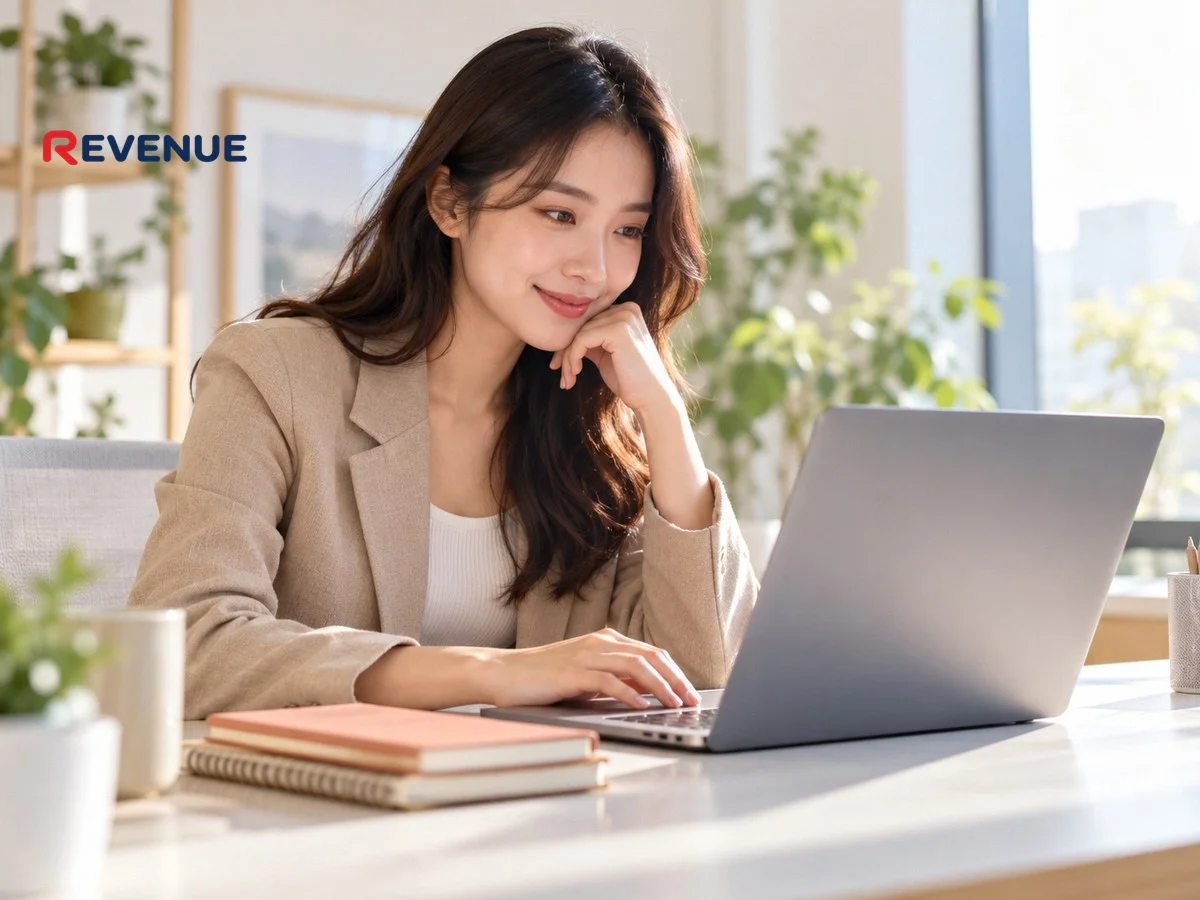 Nhân viên booking KOL KOC xem hồ sơ creator trên laptop tại bàn làm việc sáng sủa