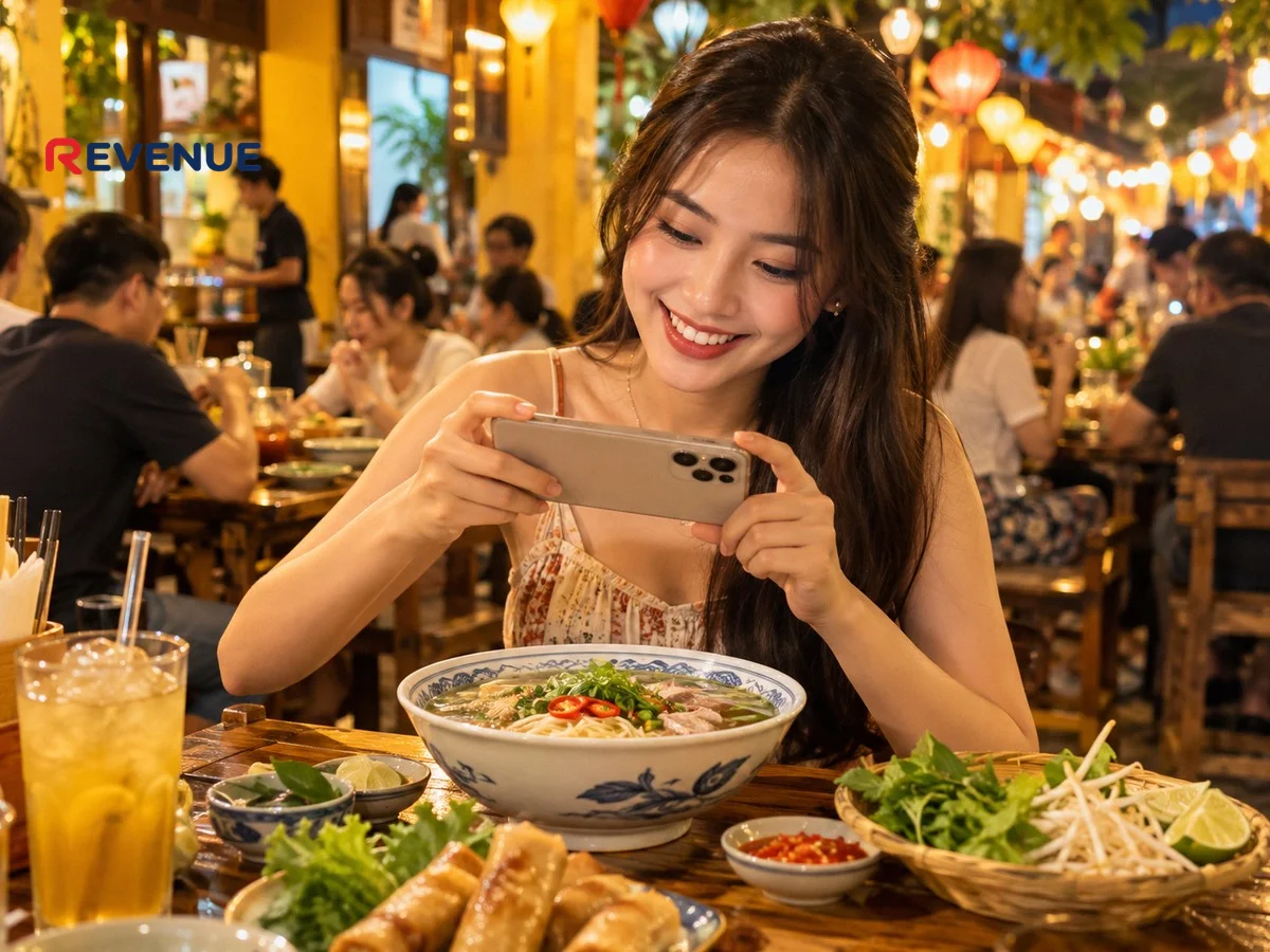 Cô gái trẻ quay món mì bằng điện thoại tại quán ăn đông khách ở Đà Nẵng