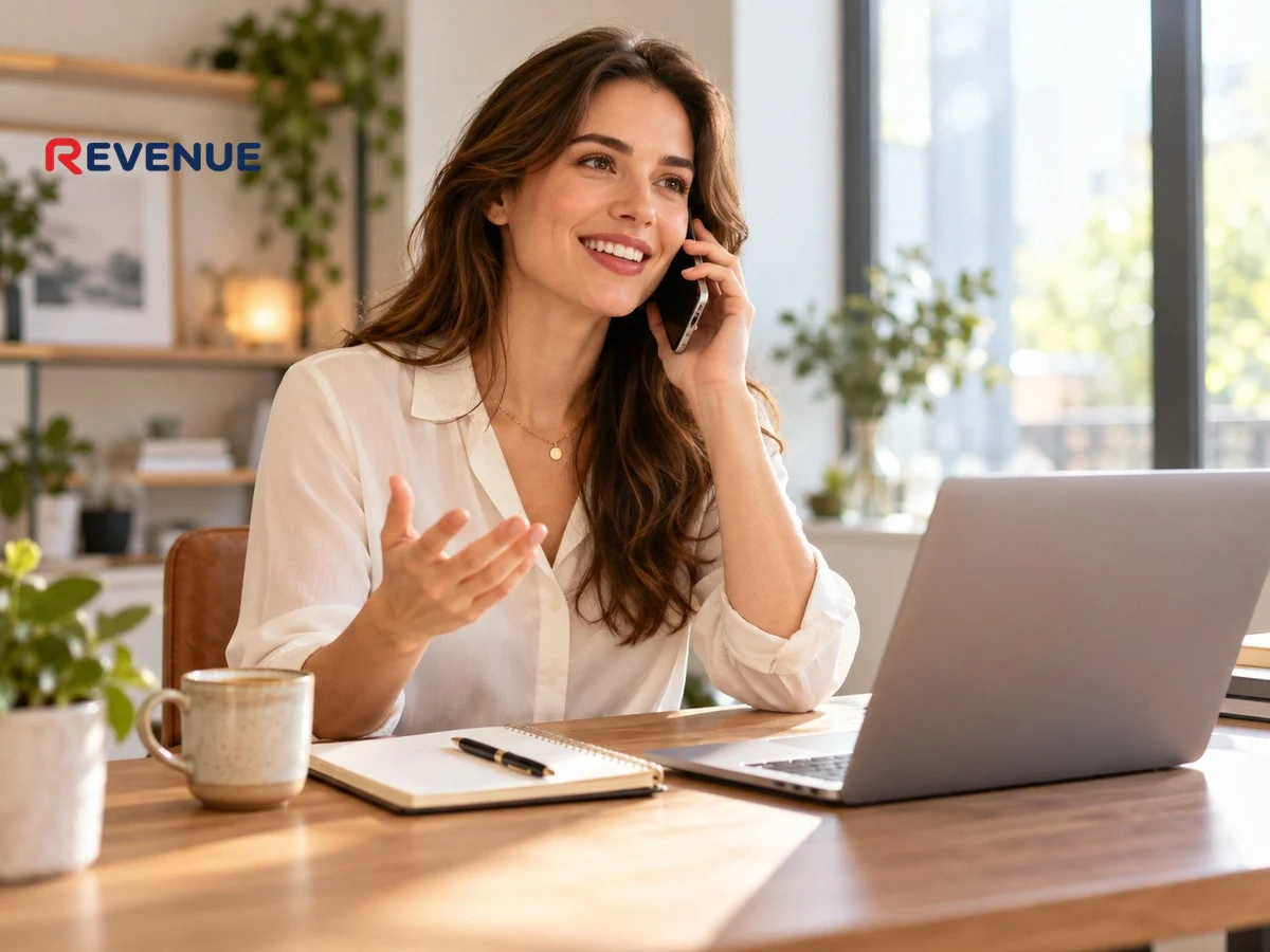 Nhân viên booking KOL KOC ngồi tại bàn làm việc, vừa gọi điện vừa ra hiệu bên laptop