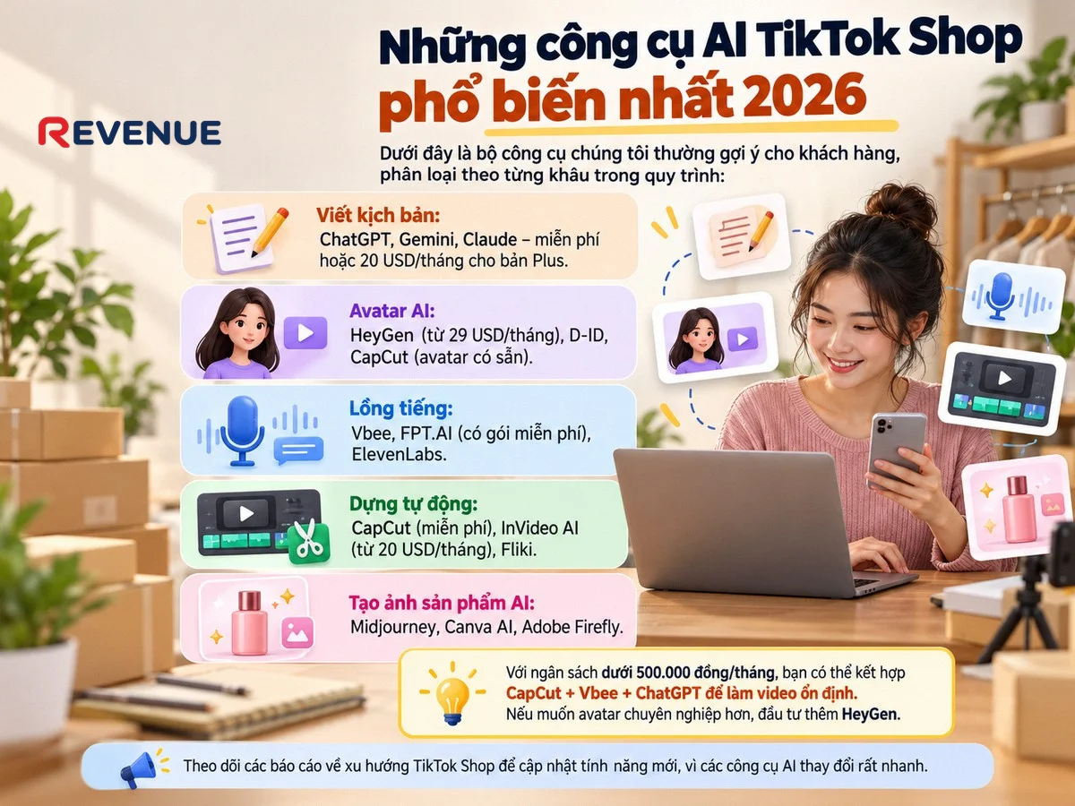 So sánh những công cụ AI TikTok Shop phổ biến nhất 2026 theo từng khâu: viết kịch bản, avatar, lồng tiếng, dựng tự động