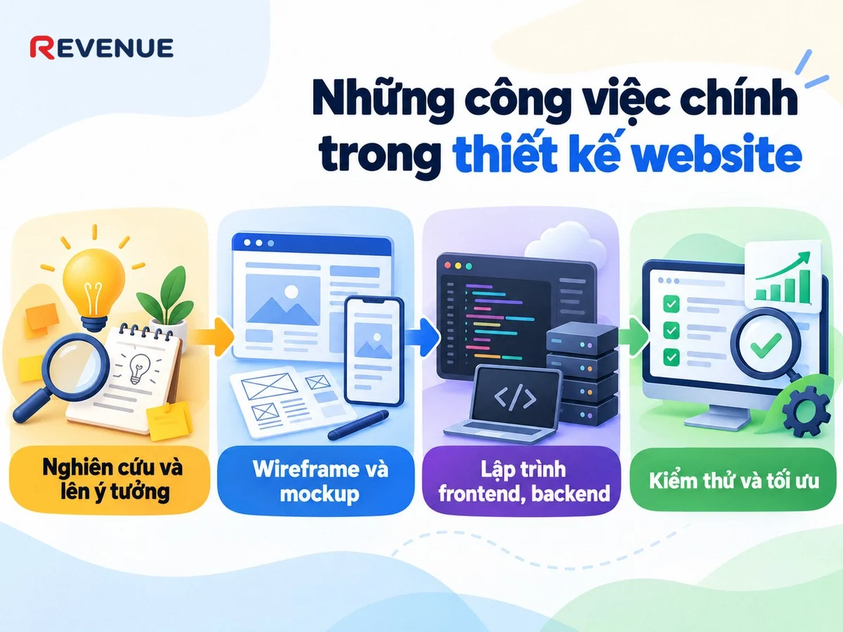 Những công việc chính trong thiết kế website gồm nghiên cứu và lên ý tưởng