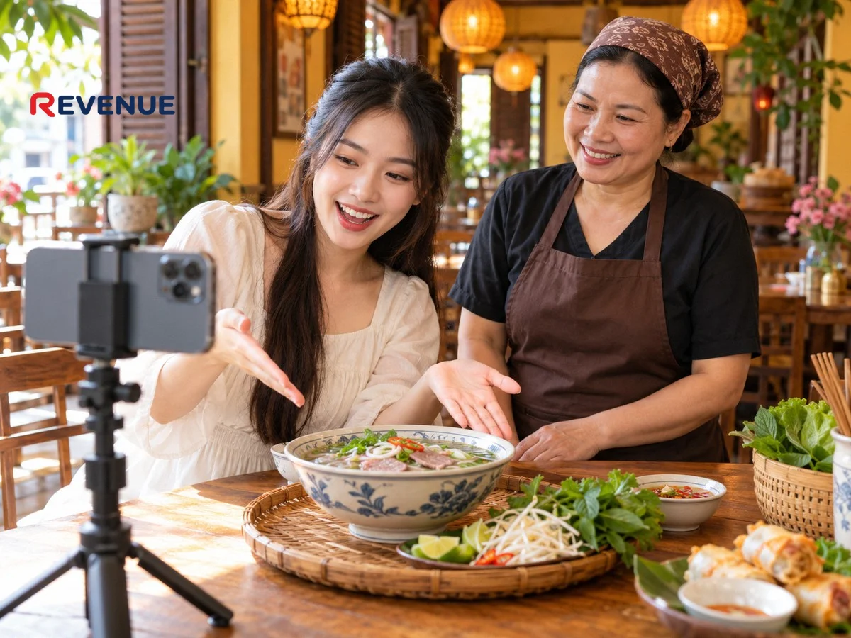 Cô gái trẻ quay món ăn bằng điện thoại, chủ quán trung niên cười bên cạnh
