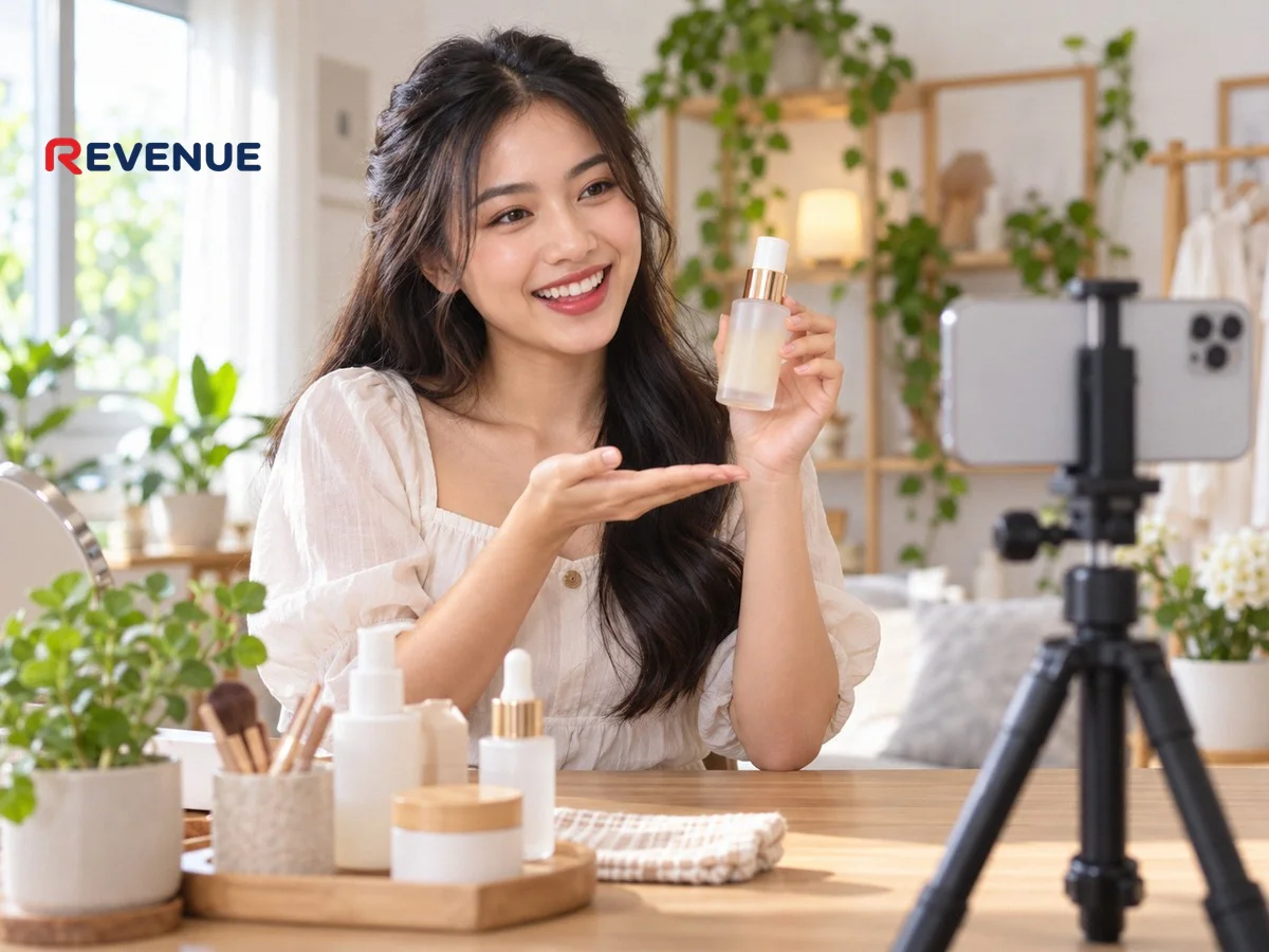 Cô gái trẻ cầm chai mỹ phẩm quay video review tại nhà để chuẩn bị booking KOC Shopee
