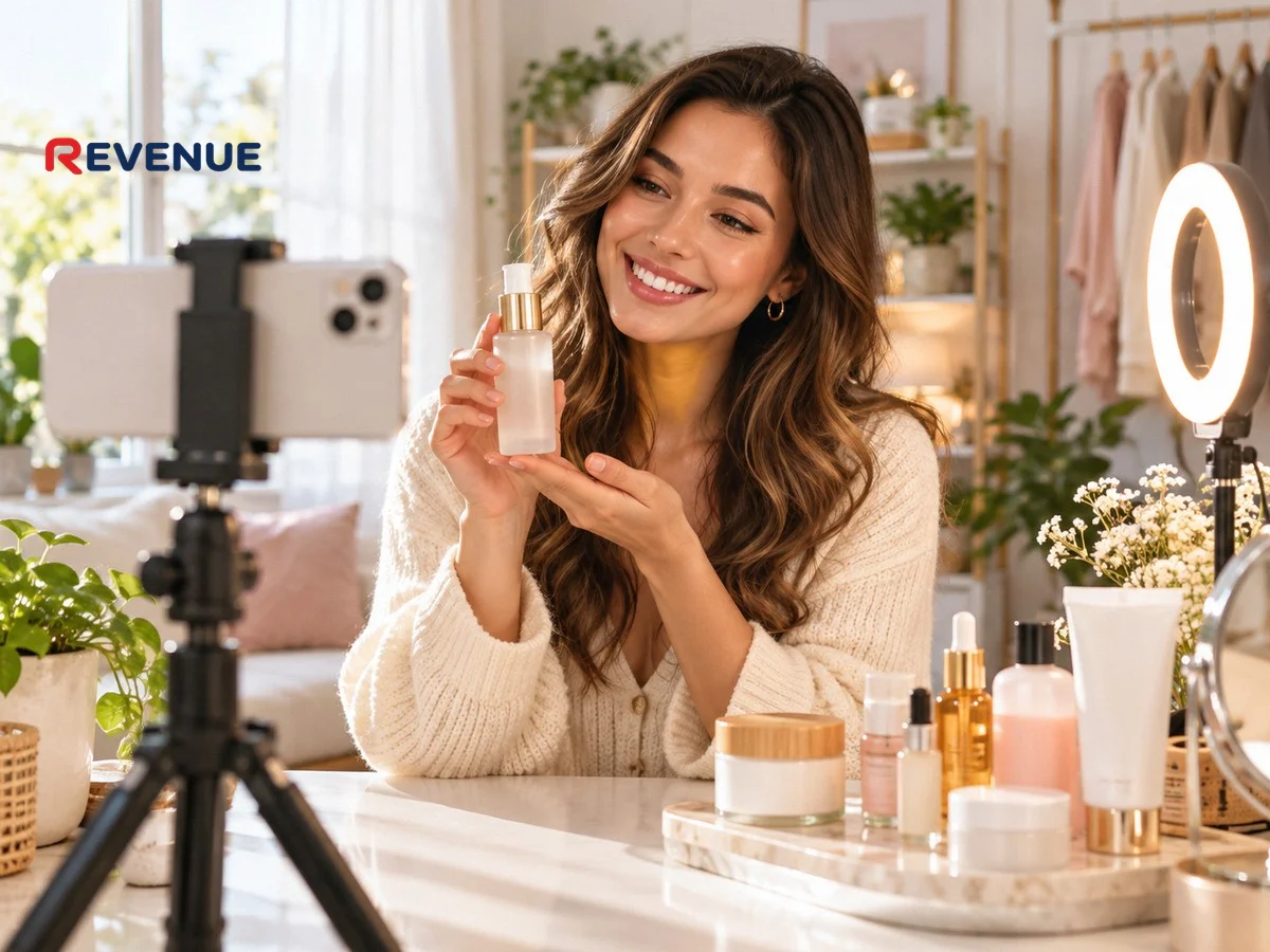 Cô gái quay video quảng cáo chai mỹ phẩm bằng điện thoại trong studio sáng