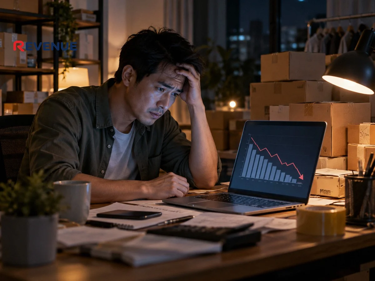 Chủ shop Việt Nam cau mày nhìn laptop doanh số giảm khi chạy quảng cáo TikTok Shop