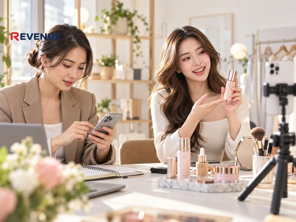 Marketer xem điện thoại khi KOC quay clip sản phẩm trong studio sáng