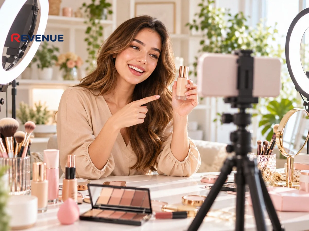 Cô gái trẻ quay video review sản phẩm bằng điện thoại trên tripod trong studio làm đẹp