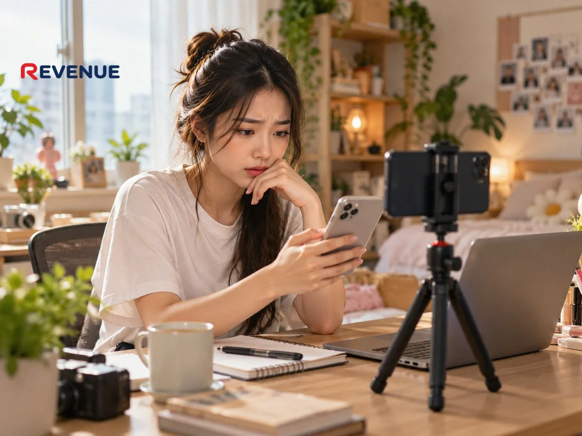 Nhà sáng tạo trẻ ngồi ở bàn kiểm tra chỉ số video TikTok trên điện thoại, vẻ mặt lo lắng