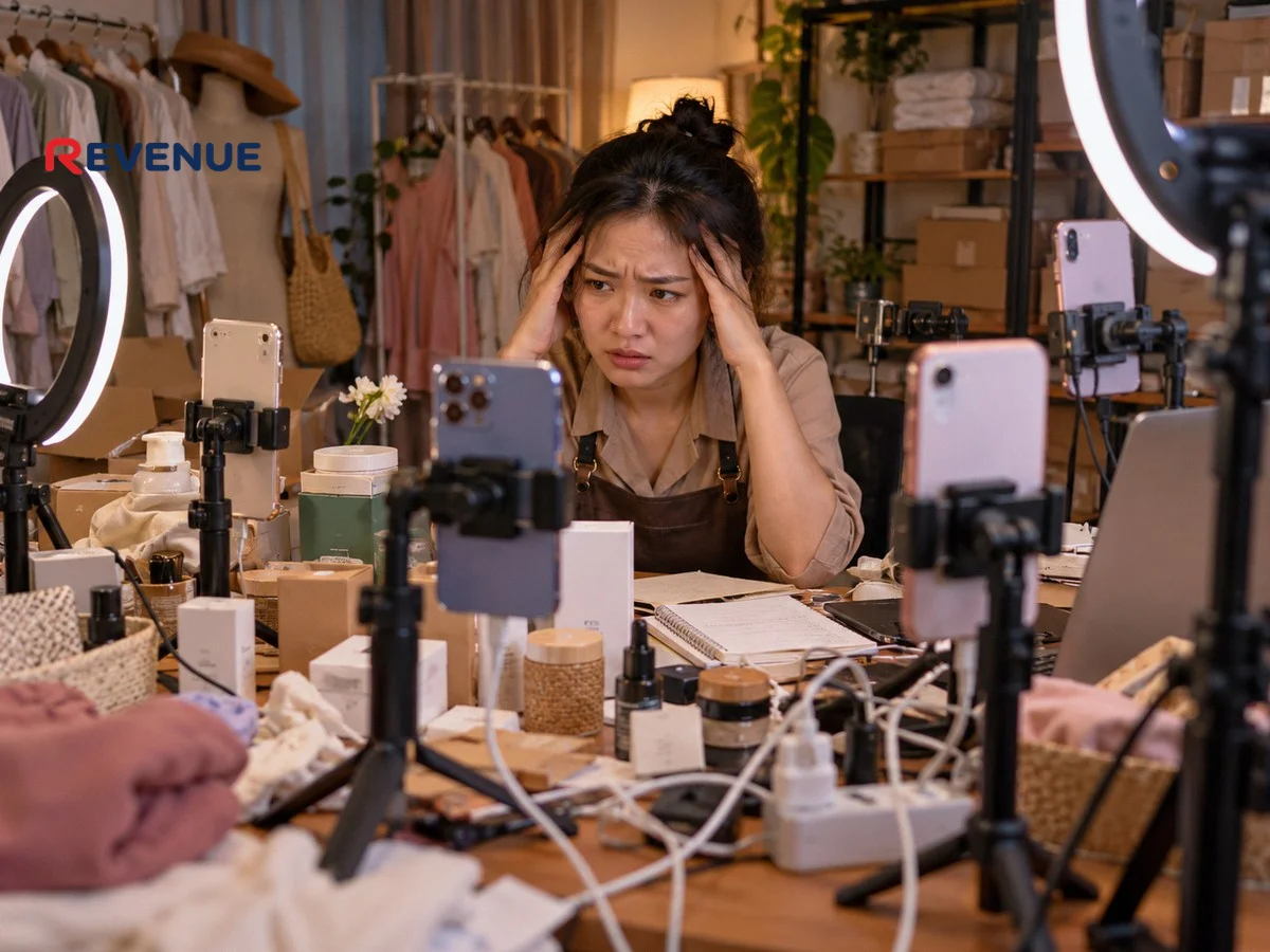 Chủ shop Việt căng thẳng ngồi giữa điện thoại và đèn ring khi livestream bán hàng trên TikTok