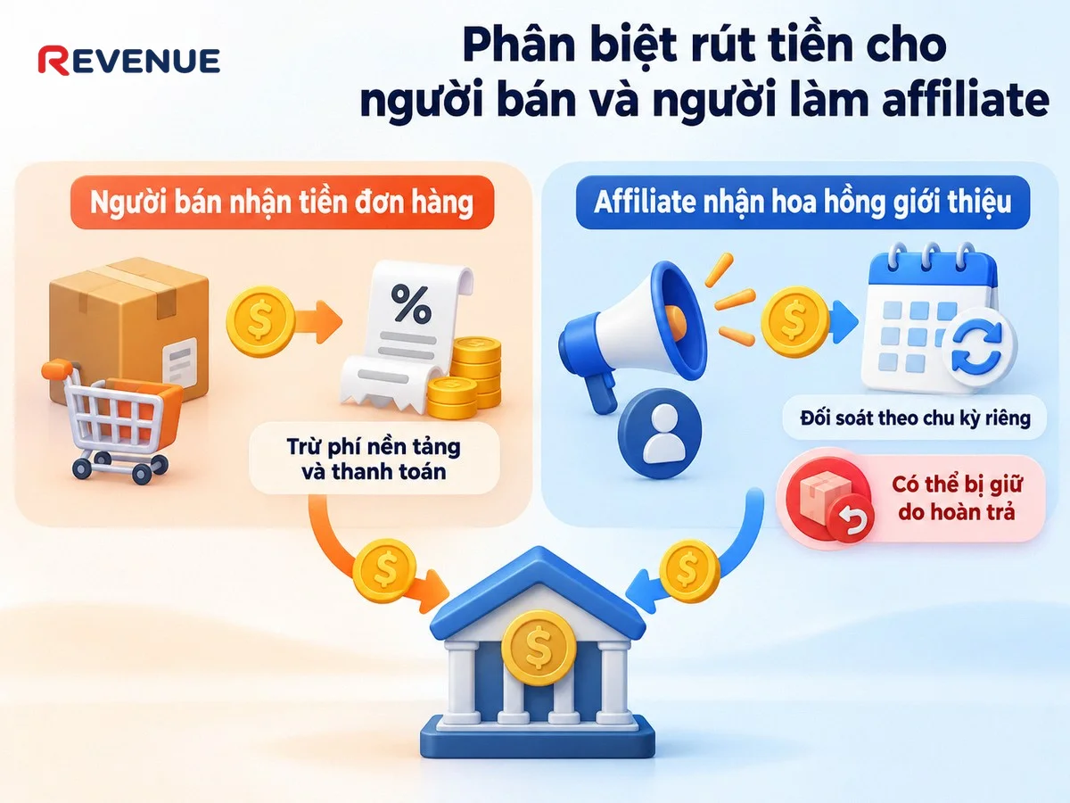 Phân biệt rút tiền cho người bán và người làm affiliate với hai luồng tiền khác nhau