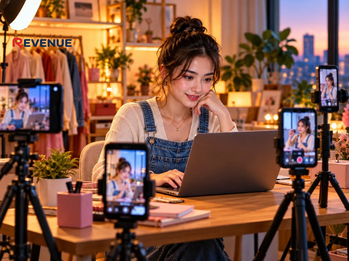 Chủ shop trẻ ngồi bàn nhỏ xem lại clip quay bằng điện thoại trên tripod