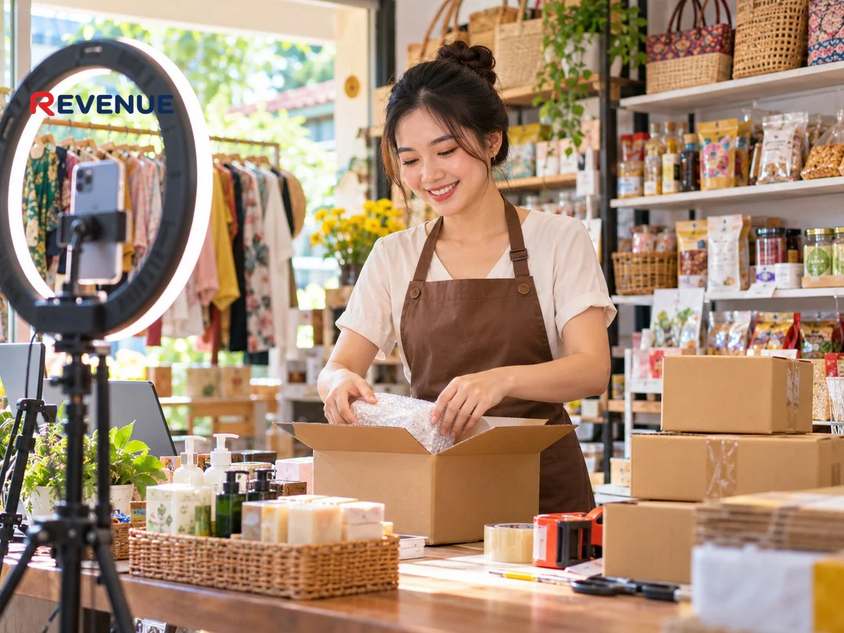 Chủ shop Việt ngoài ba mươi đóng gói đơn hàng bên đèn livestream khi bán hàng trên TikTok