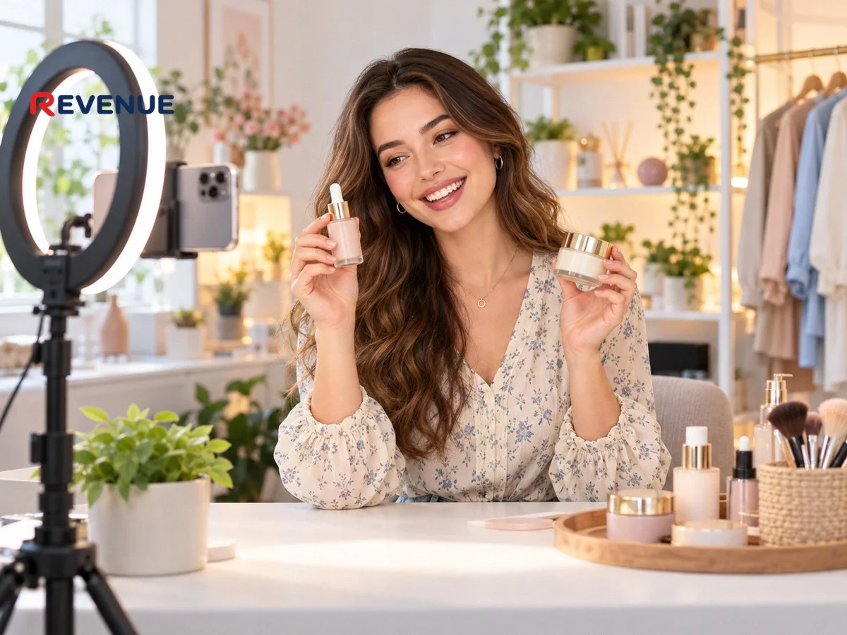 Cô gái trẻ ngồi tại bàn, mỉm cười giới thiệu sản phẩm qua điện thoại trước đèn ring light