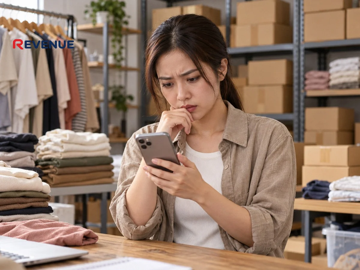 Chủ shop quần áo cau mày xem kết quả quảng cáo TikTok Shop trên điện thoại trong kho