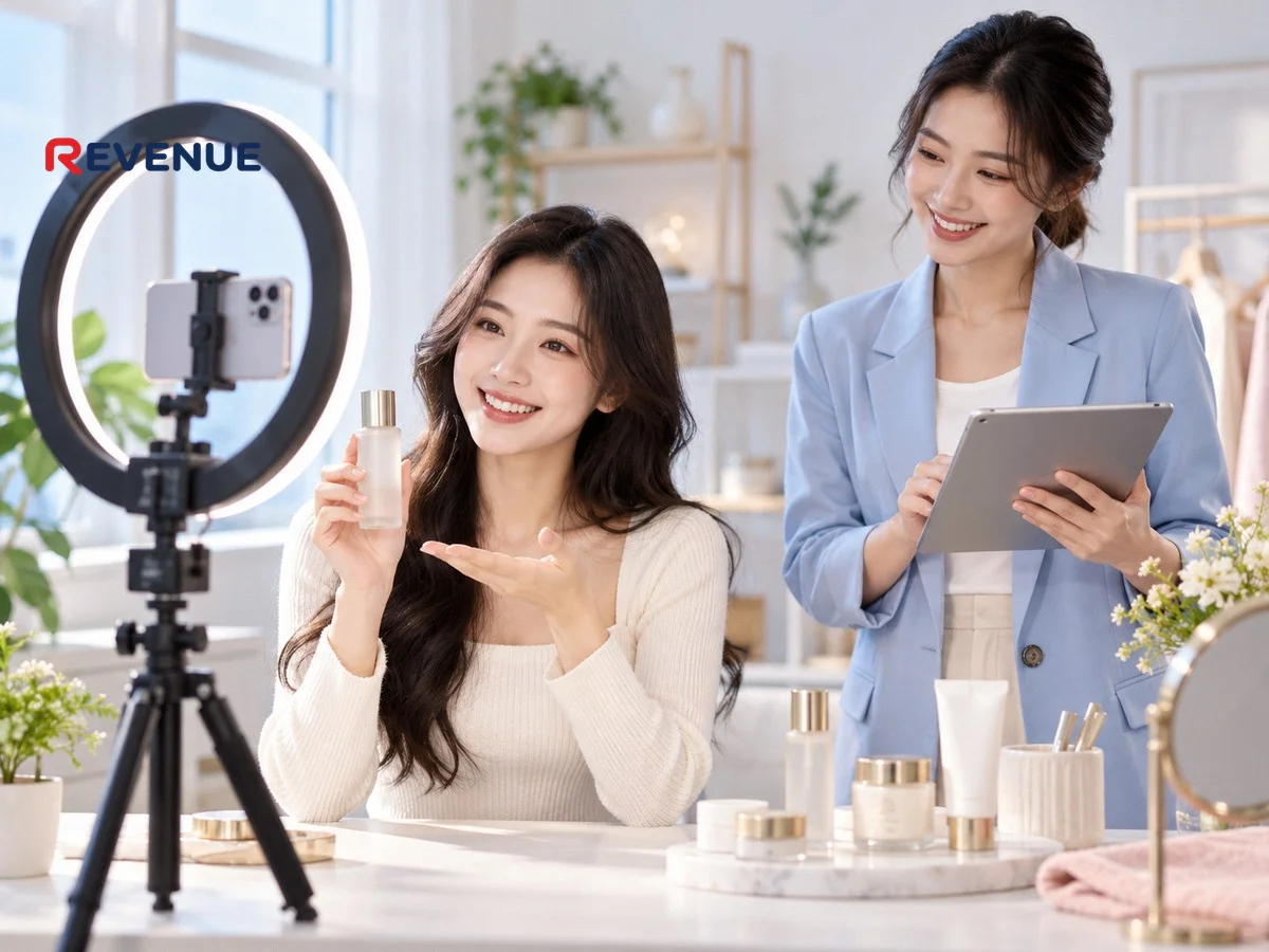 KOC trẻ quay sản phẩm chăm sóc da trên tripod điện thoại có đèn ring trong studio sáng