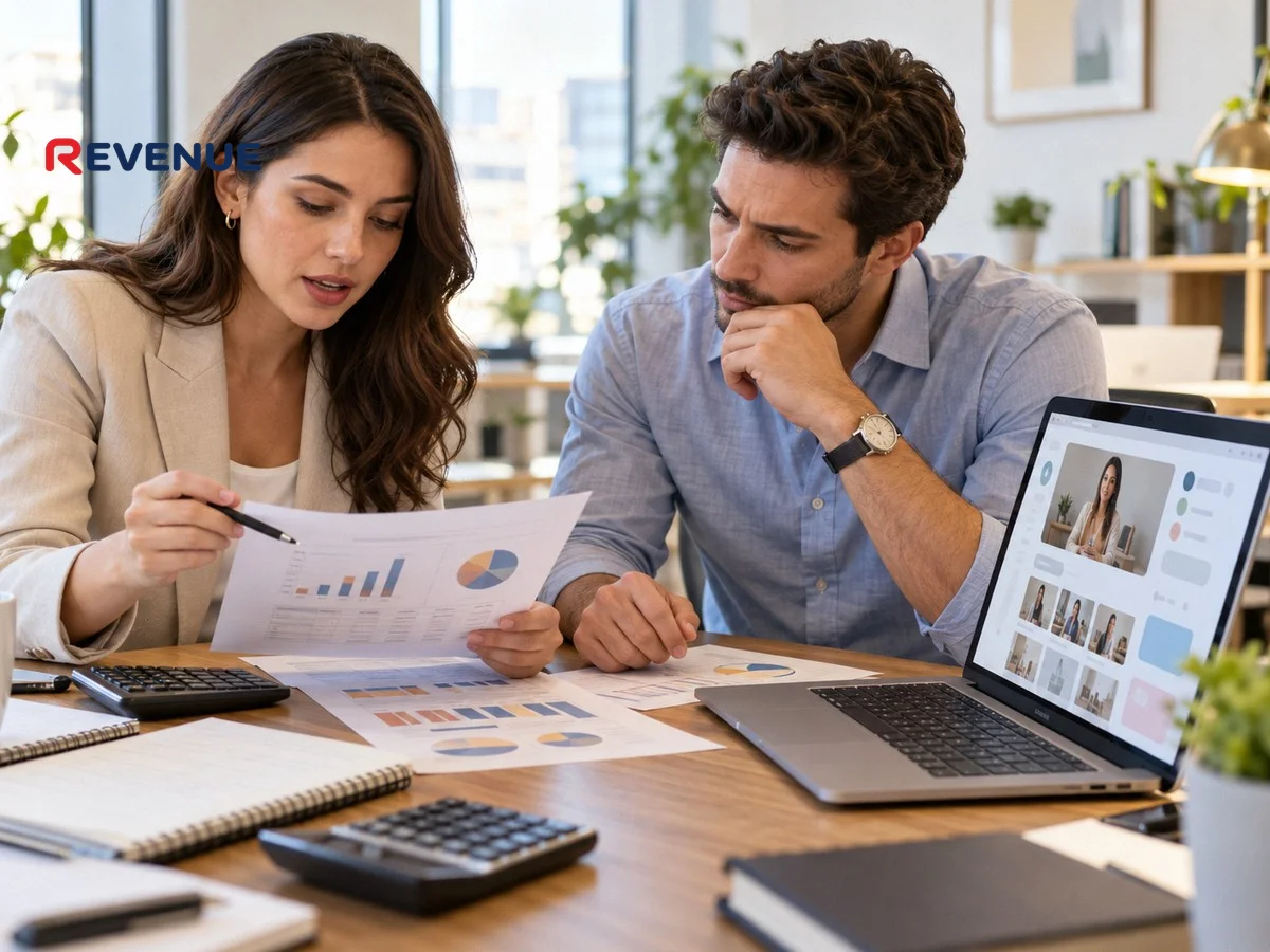 Quản lý marketing xem bảng ngân sách và hồ sơ KOC trên laptop để thương lượng giá booking