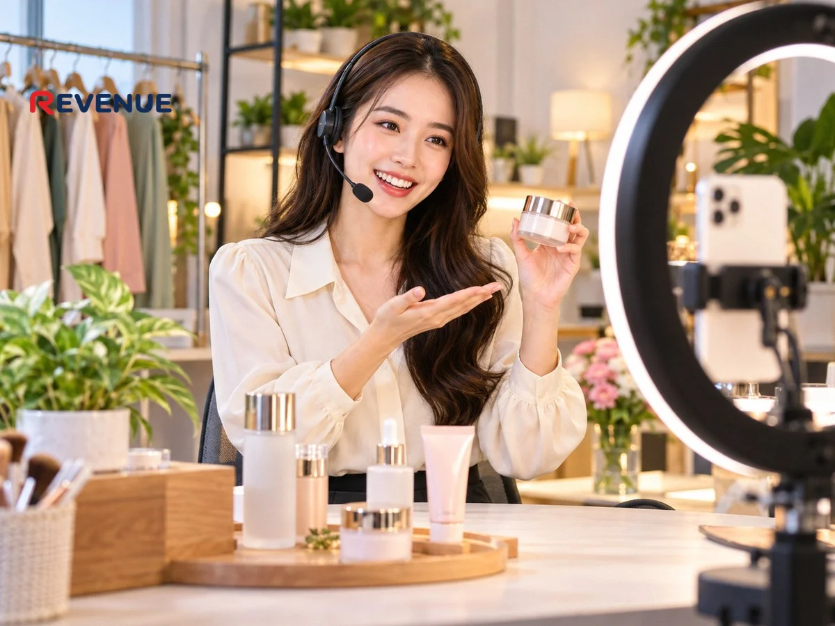 Người dẫn chương trình livestream giới thiệu sản phẩm trước camera điện thoại trong studio