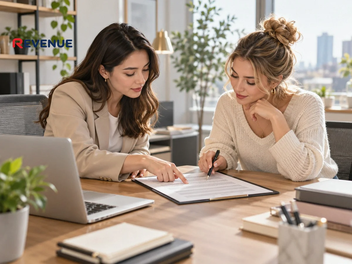 Nhân viên marketing và KOC rà soát hợp đồng booking KOC trên bàn làm việc văn phòng sáng