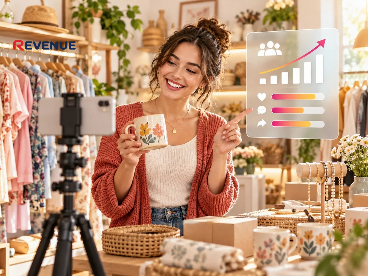 Chủ shop trẻ quay sản phẩm bằng tripod điện thoại, mỉm cười kiểm tra lượng người xem tăng