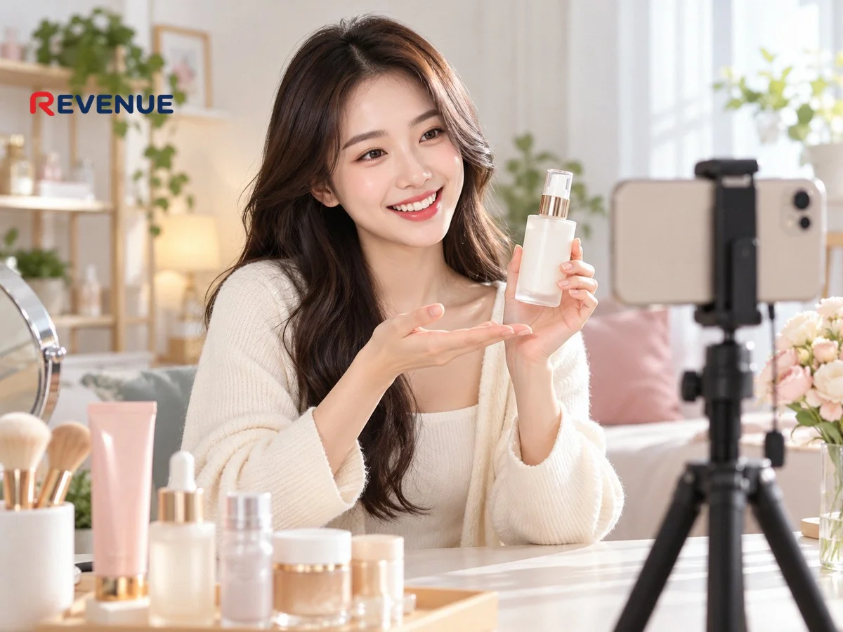 Cô gái trẻ quay video review sản phẩm chăm sóc da bằng điện thoại trong studio