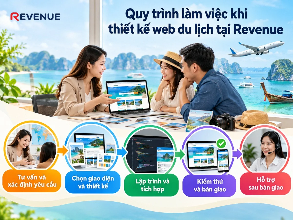 Quy trình làm việc khi thiết kế web du lịch tại Revenue bắt đầu từ tư vấn và xác định yêu cầu