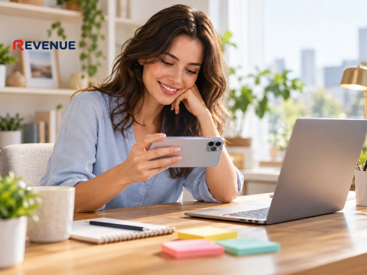 Nhân viên Revenue xem lại clip booking nano KOC trên điện thoại tại bàn làm việc