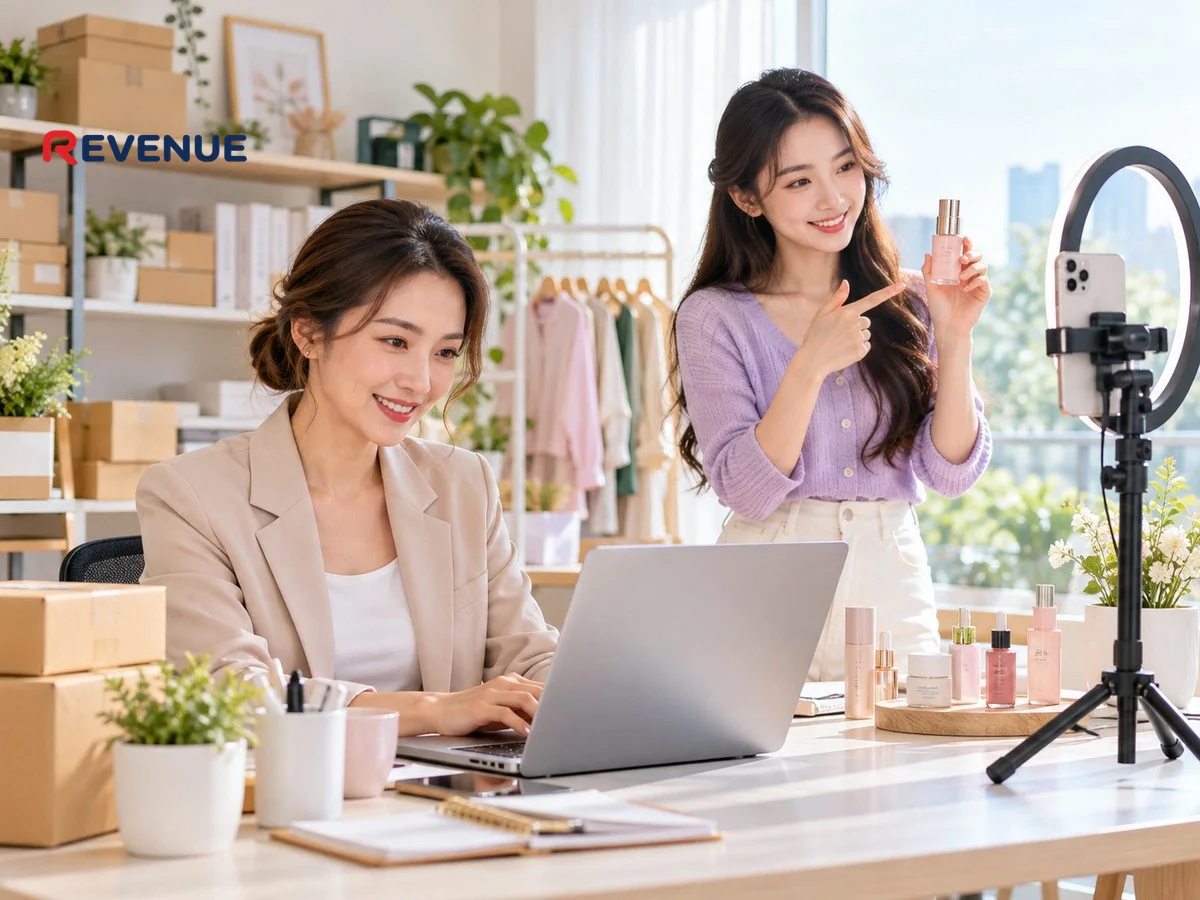 Người bán xem đơn affiliate trên laptop, KOC quay clip sản phẩm cạnh bên