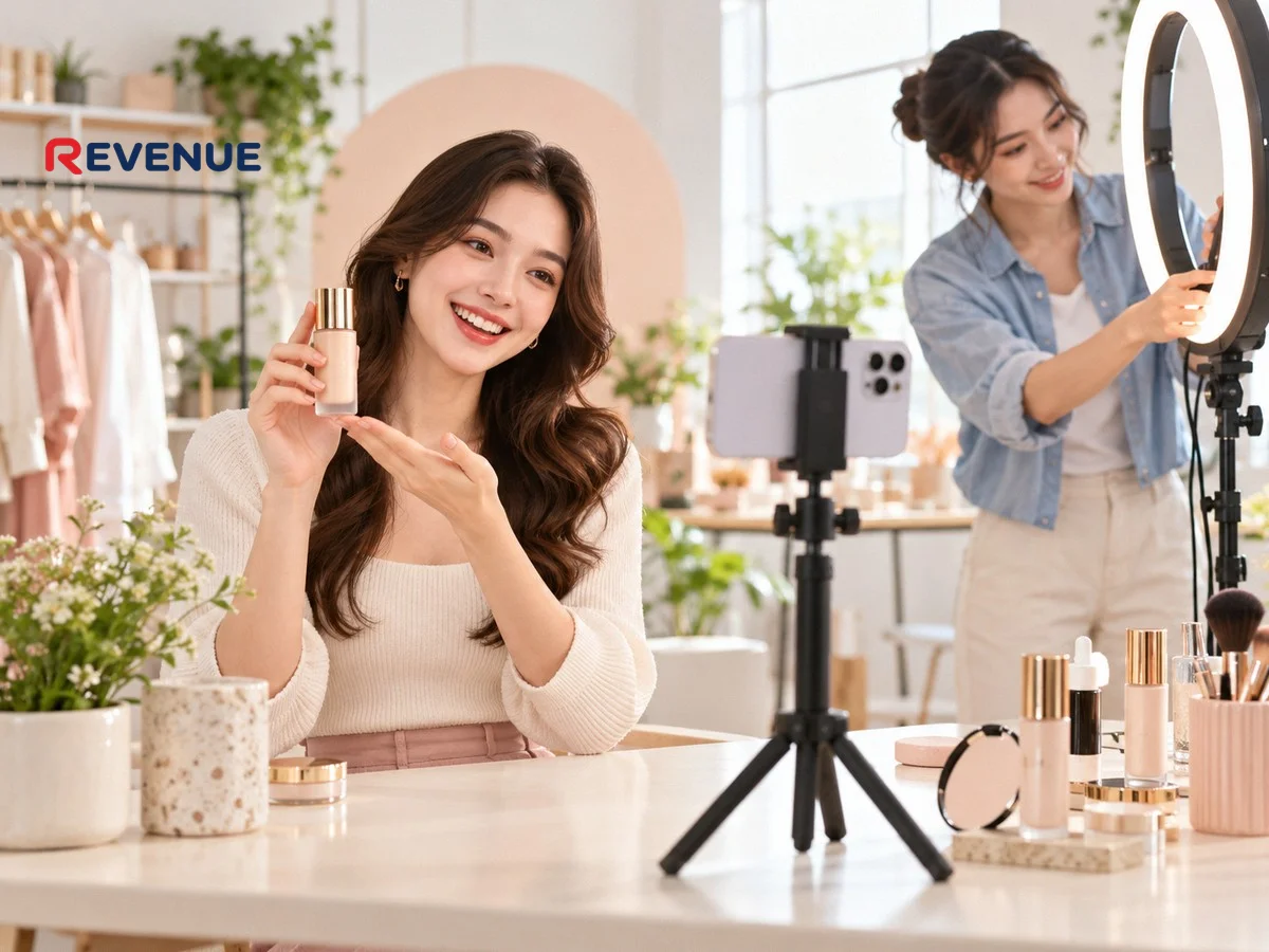 Cô gái trẻ quay review mỹ phẩm trên điện thoại trong studio sáng, đồng nghiệp chỉnh đèn