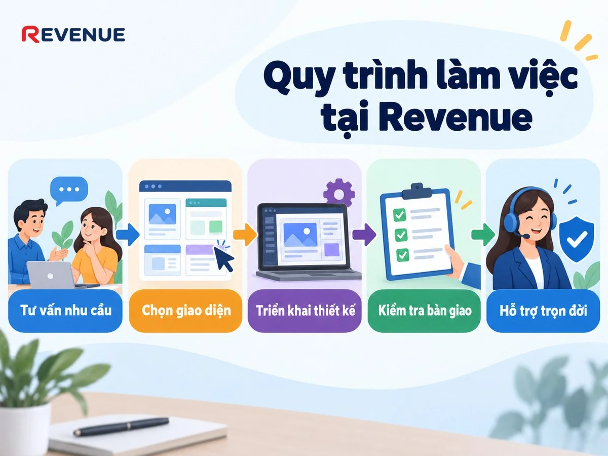 Quy trình làm việc tại Revenue gồm 5 bước từ tư vấn đến hỗ trợ sau bàn giao