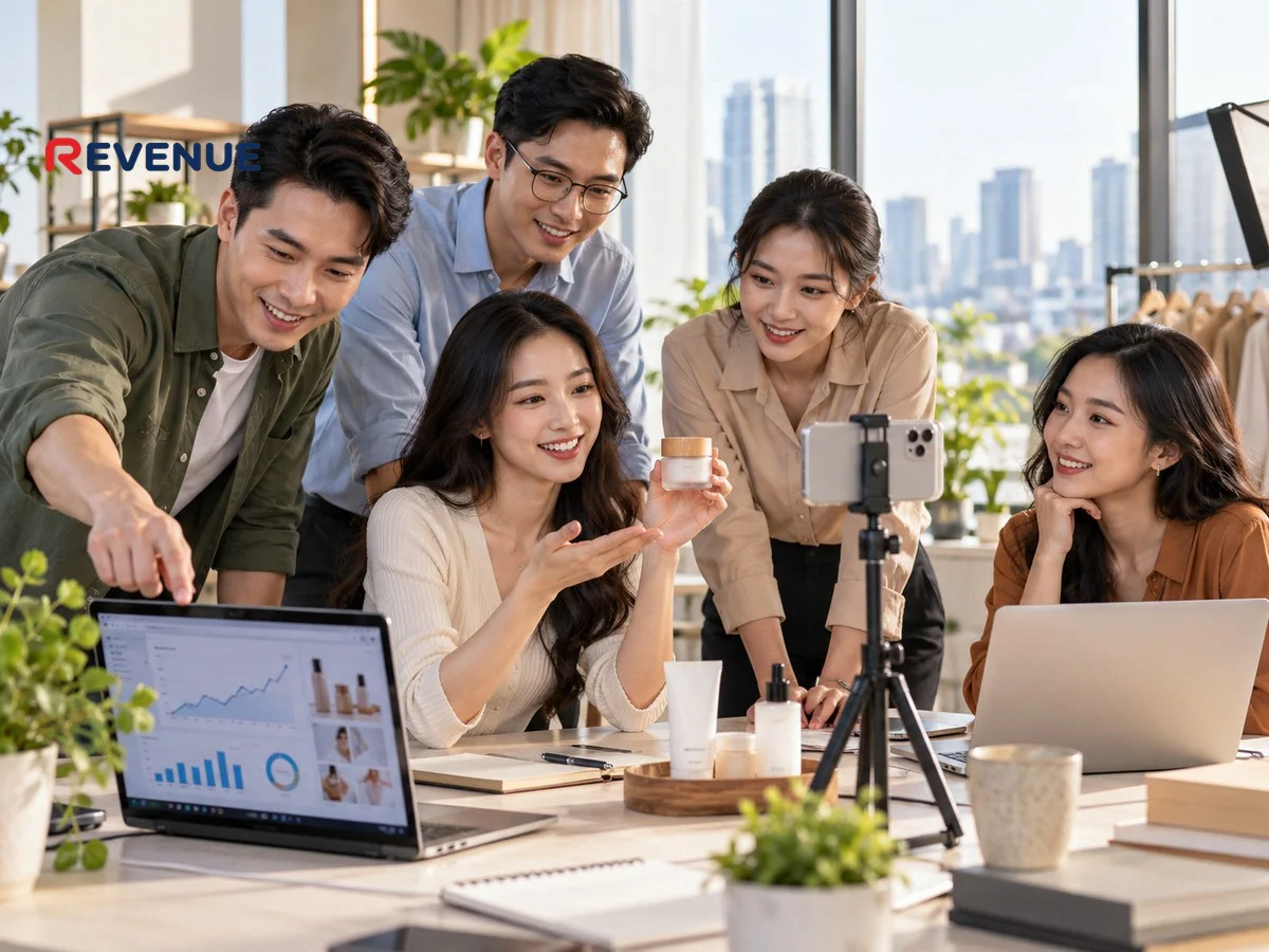 Nhóm năm nhân viên Việt Nam họp quanh bàn, xem dữ liệu bán hàng và quay video sản phẩm TikTok