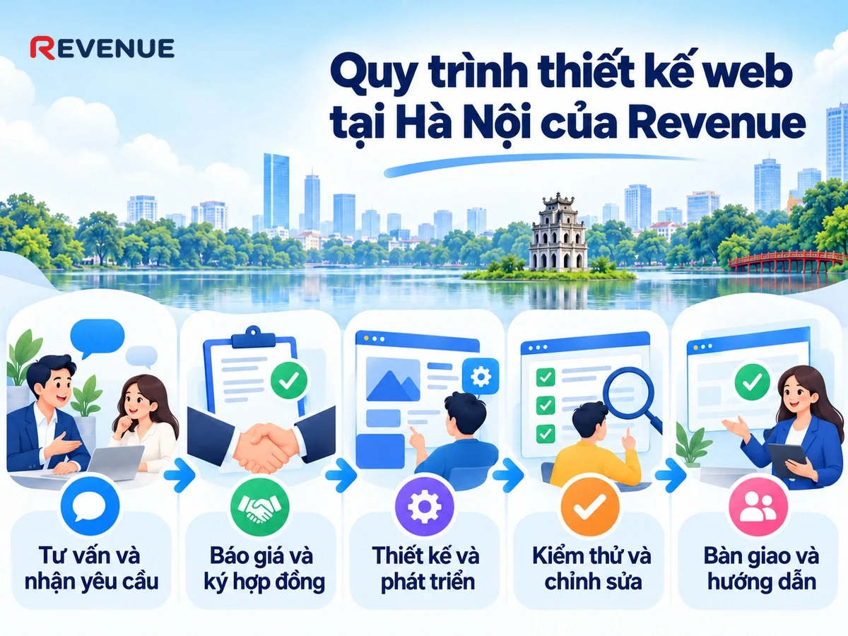 Quy trình thiết kế web tại Hà Nội của Revenue gồm 5 bước từ tư vấn đến bàn giao