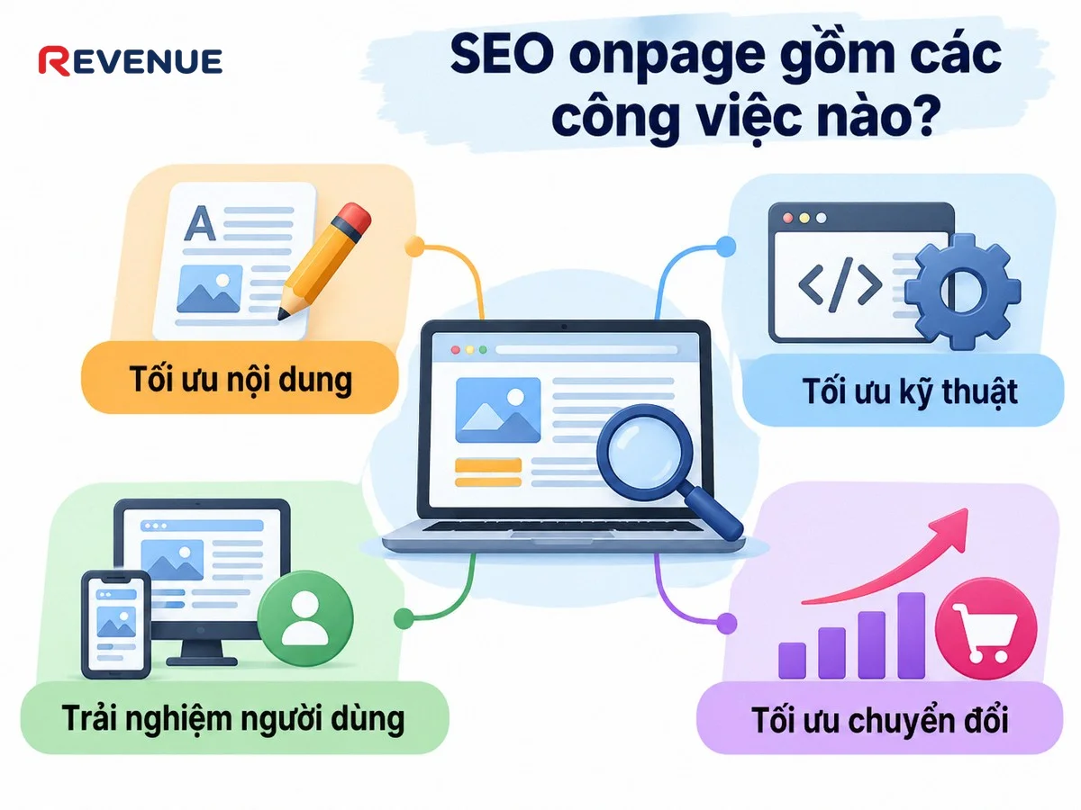 SEO onpage gồm các công việc nào chia thành 4 nhóm chính cho người mới bắt đầu
