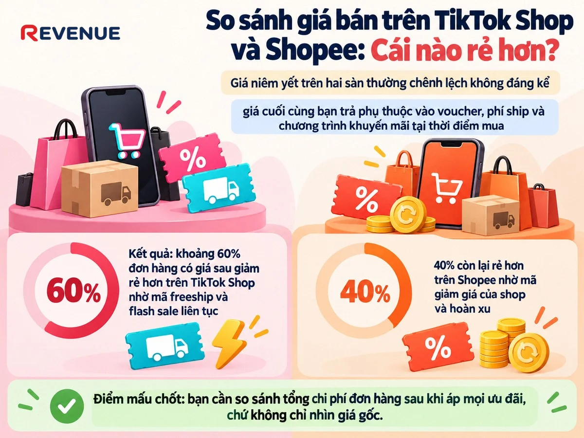 So sánh giá bán trên TikTok Shop và Shopee: Cái nào rẻ hơn khi theo dõi 50 sản phẩm trong 3 tháng