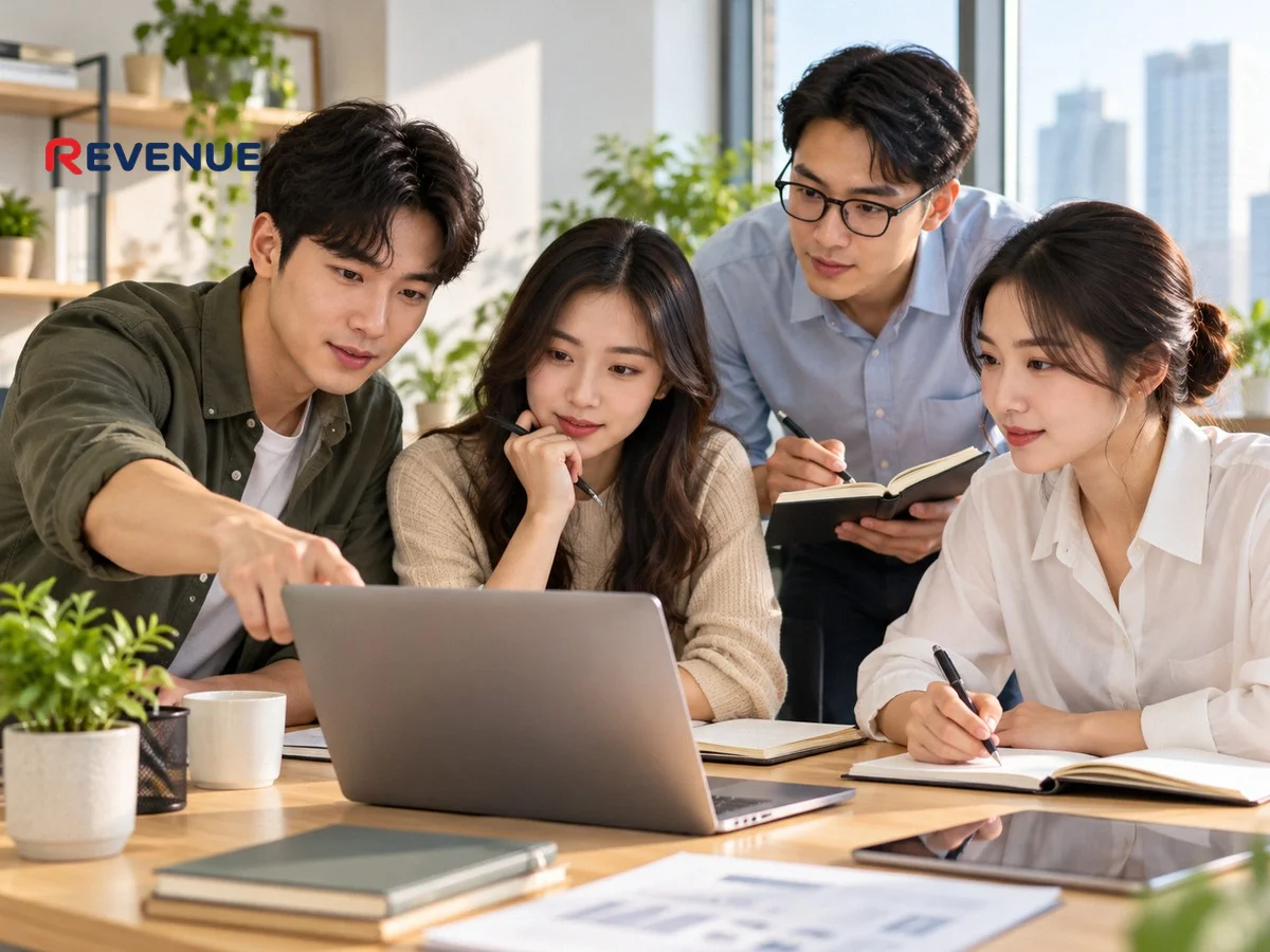 Bốn nhân viên KOC booking operator so sánh nhiệm vụ trên laptop trong văn phòng