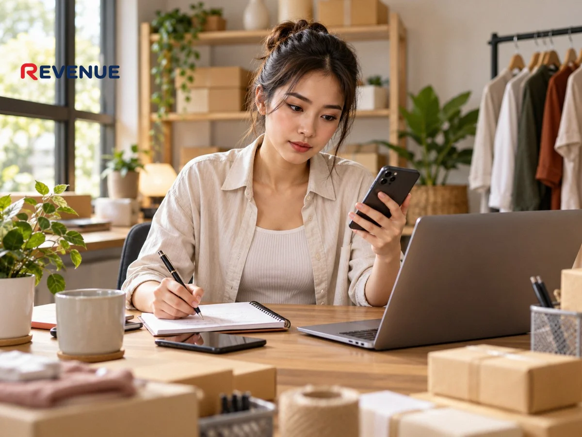 Cô gái trẻ ngồi ở bàn làm việc so sánh Shopee và TikTok Shop trên laptop và điện thoại