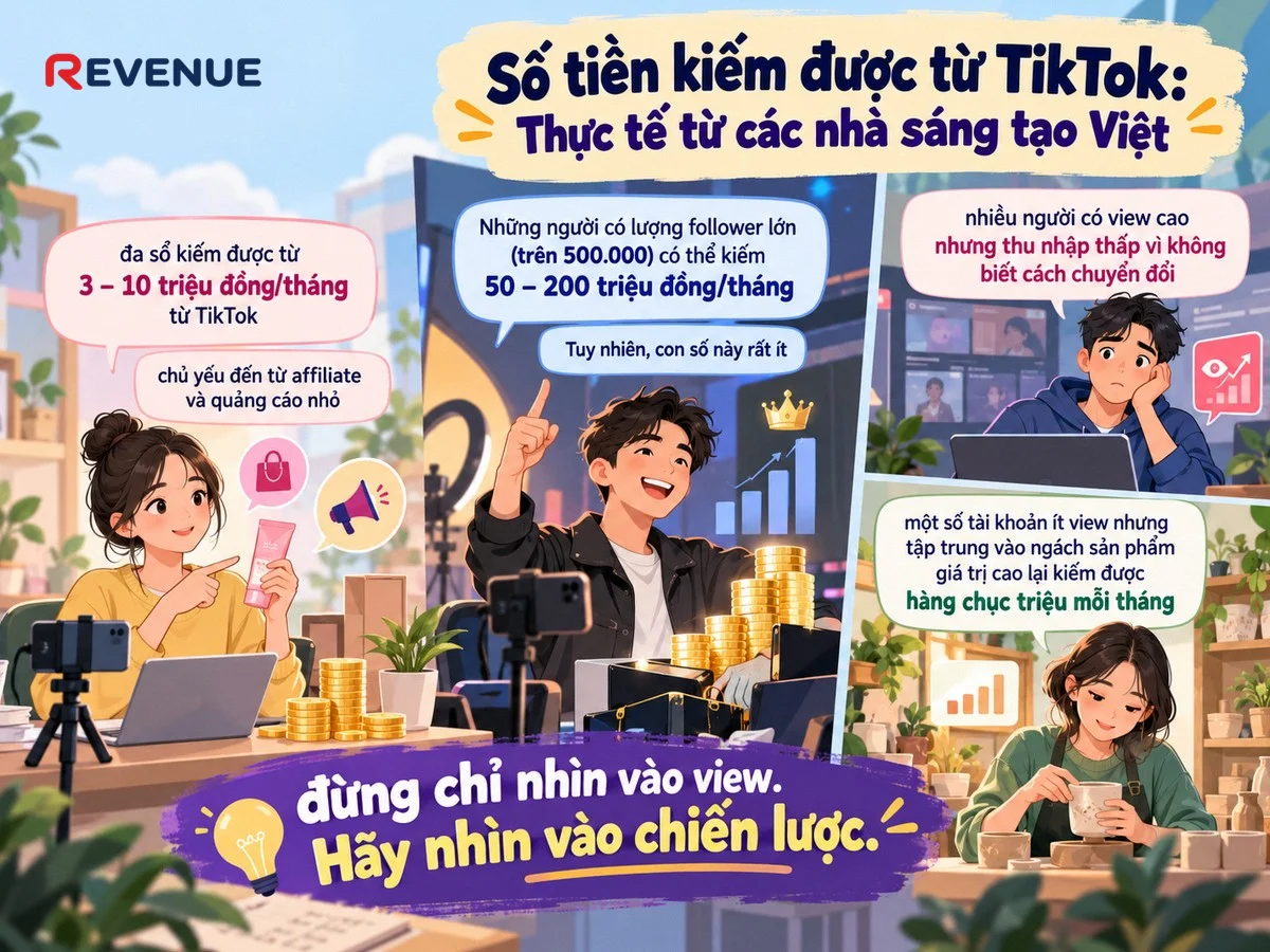 Số tiền kiếm được từ TikTok: Thực tế từ các nhà sáng tạo Việt cho thấy đa số thu về 3 – 10 triệu đồng mỗi tháng nhờ affiliate và quảng cáo nhỏ